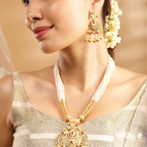 24K Gold Plated Ruby Studded Golden & Pearl Beaded MultiStrand Temple Jewellery Set - Gold