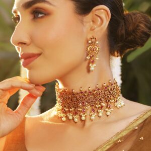 24K Gold-Plated Ruby Studded & Pearl Beaded Handcrafted Choker Necklace Set - Gold