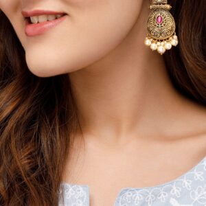 24K Gold Plated Stone Studded Pearl Beaded Drop Earrings - Gold