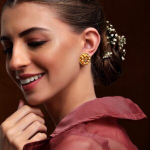 24K Gold Plated Handcrafted Stud Earrings With Circular Design And Beads - Gold