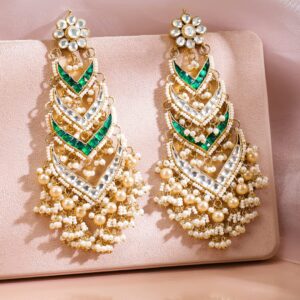 24K Gold-Plated White Kundan & Emerald Green Beaded Shoulder Duster Earrings - Multicolor