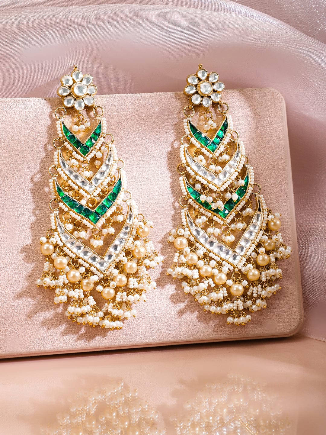 24K Gold-Plated White Kundan & Emerald Green Beaded Shoulder Duster Earrings - Multicolor