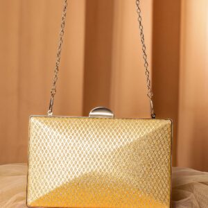 24K Gold Shimmery Glossy Box Clutch with Luxe Textured Finish & Chain - Cream