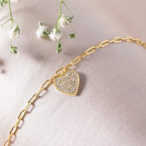 925 Silver 18K Gold Plated Heart Pave Zirconia Charm Bracelet - Gold