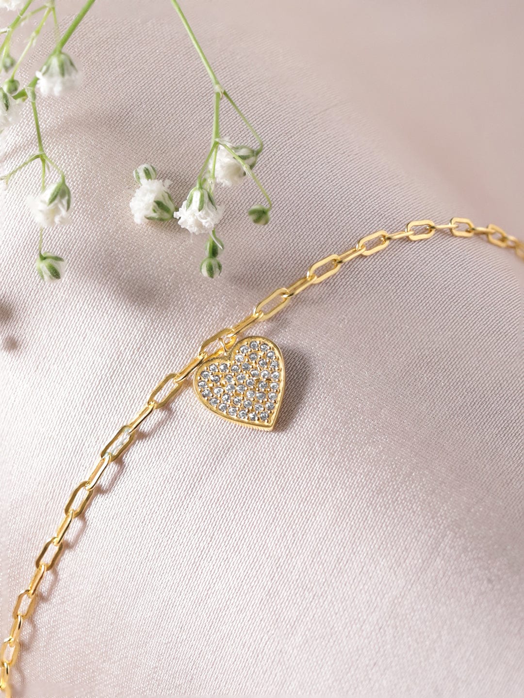 925 Silver 18K Gold Plated Heart Pave Zirconia Charm Bracelet - Gold