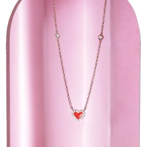 925 Silver 18K Rose Gold Plated Red Heart Studded Charm Necklace - Rose Gold