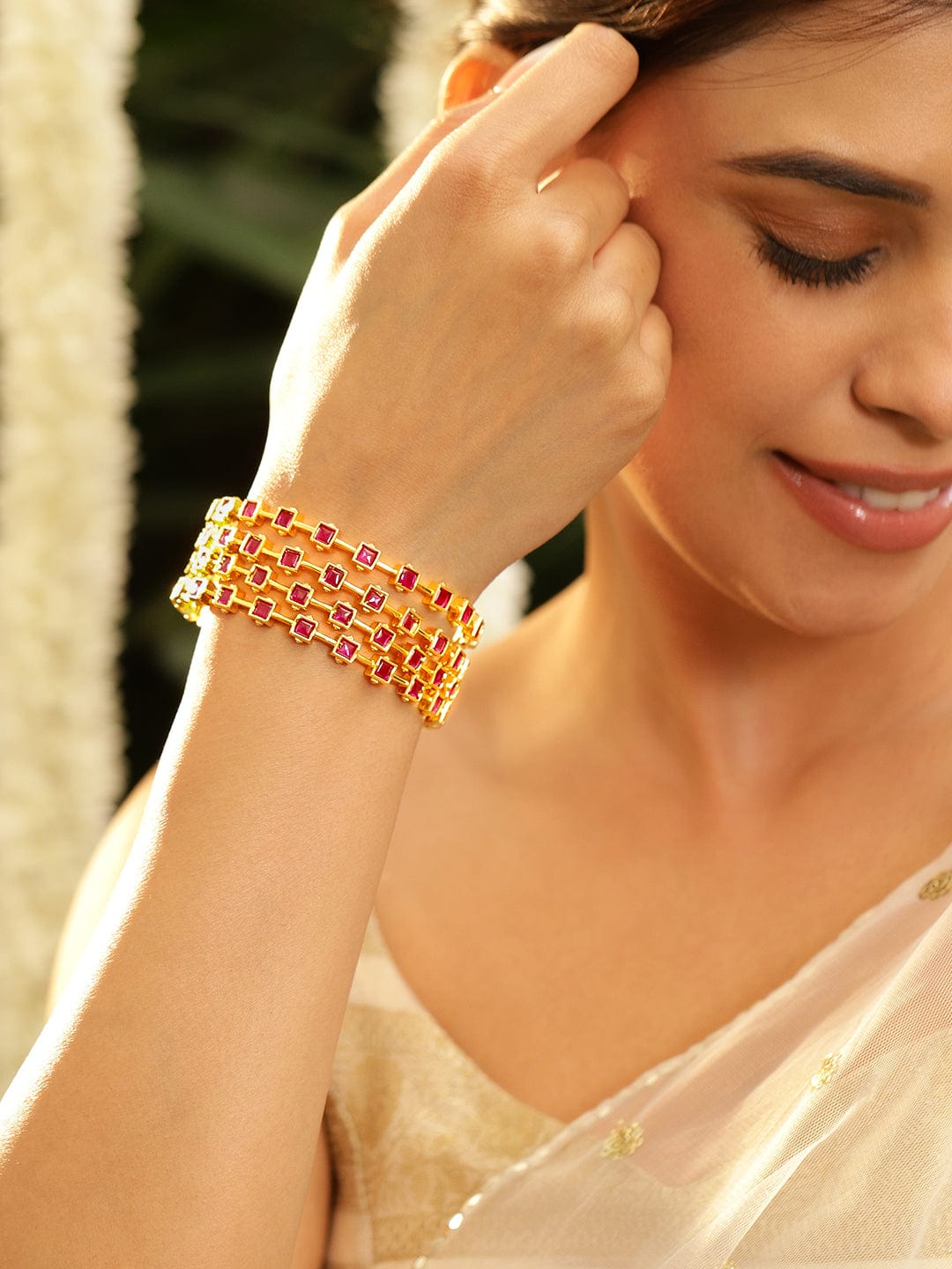 Align Set Of 4 22K Gold-Plated Ruby Pink Stone-Studded Classic Bangles - 2.4