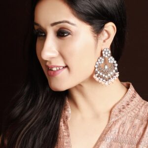 Black Metal Kundan Statement Chandbali Earrings - Peach