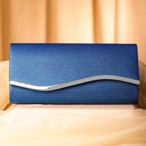 Blue Sapphire Glossy Textured Clutch with Silver-Tone Wavy Accent & Chain - Blue