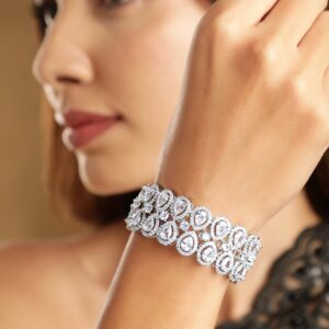 Brass Cubic Zirconia Rhodium-Plated Bangle-Style Bracelet - Silver