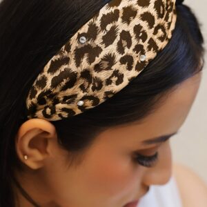 Brown & Leopard Print Twisted Headband with Embellished Crystal Detailing - Brown