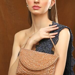 Brown Stoned Beadwork Hand Bag - Brown