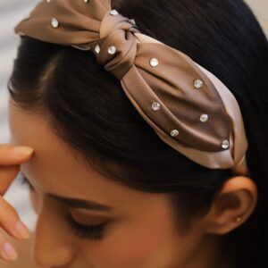 Chic Dual-Tone Brown & Nude Satin Knot Headband with Crystal Embellishments - Brown