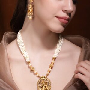 Divine Union: Lord Shiva and Parvathi Temple Jewellery with White Beads Chain Necklace Set - Gold::White