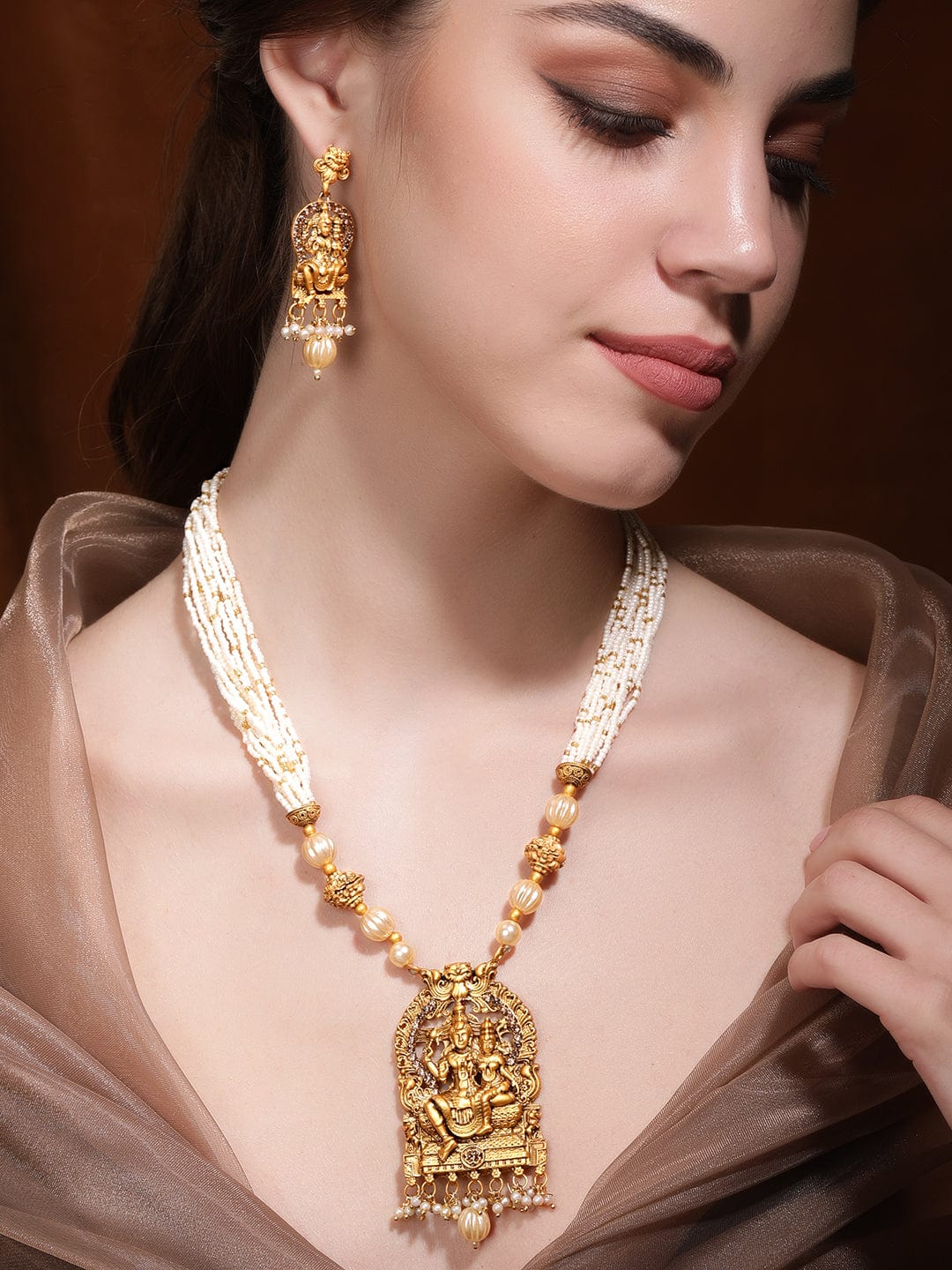 Divine Union: Lord Shiva and Parvathi Temple Jewellery with White Beads Chain Necklace Set - Gold::White