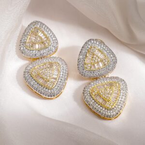 Dual Gold & Rhodium-Plated Premium AAA Crystal & Cubic Zirconia Studded Triangular Drop Earrings - AD Gold Plated