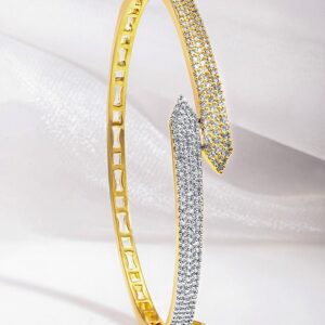 Dual Tone 22K Gold & Silver Plated Sparkling Zirconia Studded Openable Bangle-Style Bracelet - Gold