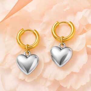 Dual Tone Gold & Silver Plated Heart Charm Hoop Drop Earrings - Silver