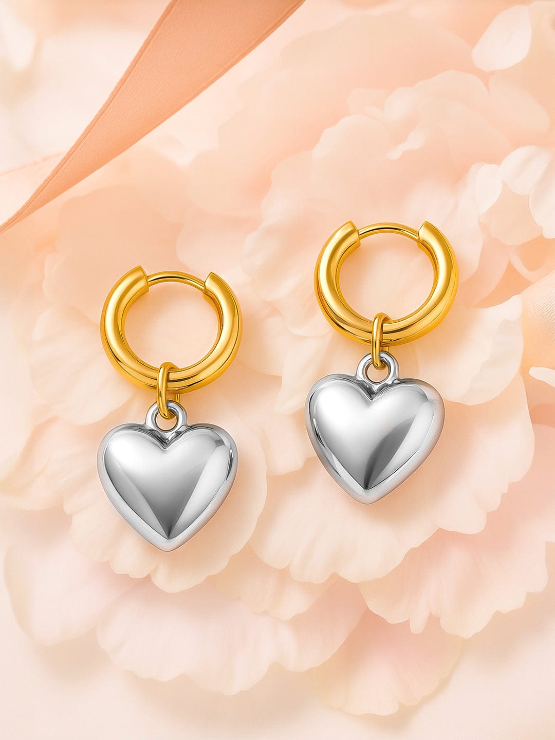 Dual Tone Gold & Silver Plated Heart Charm Hoop Drop Earrings - Silver