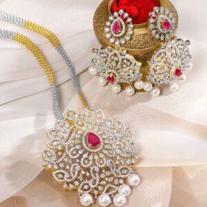 Dual-Tone Gold & Silver Plated Ruby Pink & Cubic Zirconia Studded Necklace Set with White Pearls