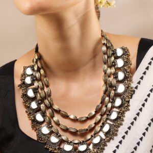 Dual Tone in Silver and Gold, Mirror Detailing with Gold Beads Multilayer Necklace - Gold