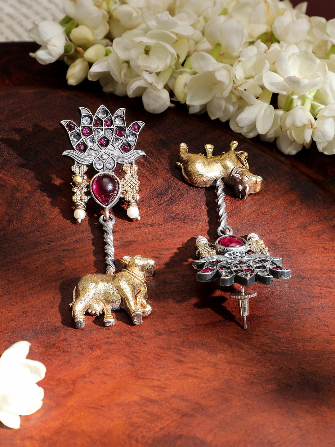 rubans-dual-tone-oxidized-lotus-motif-drop-earrings-with-pink-stone-and-gold-cow-charm-drop-earrings-1143498936.jpg