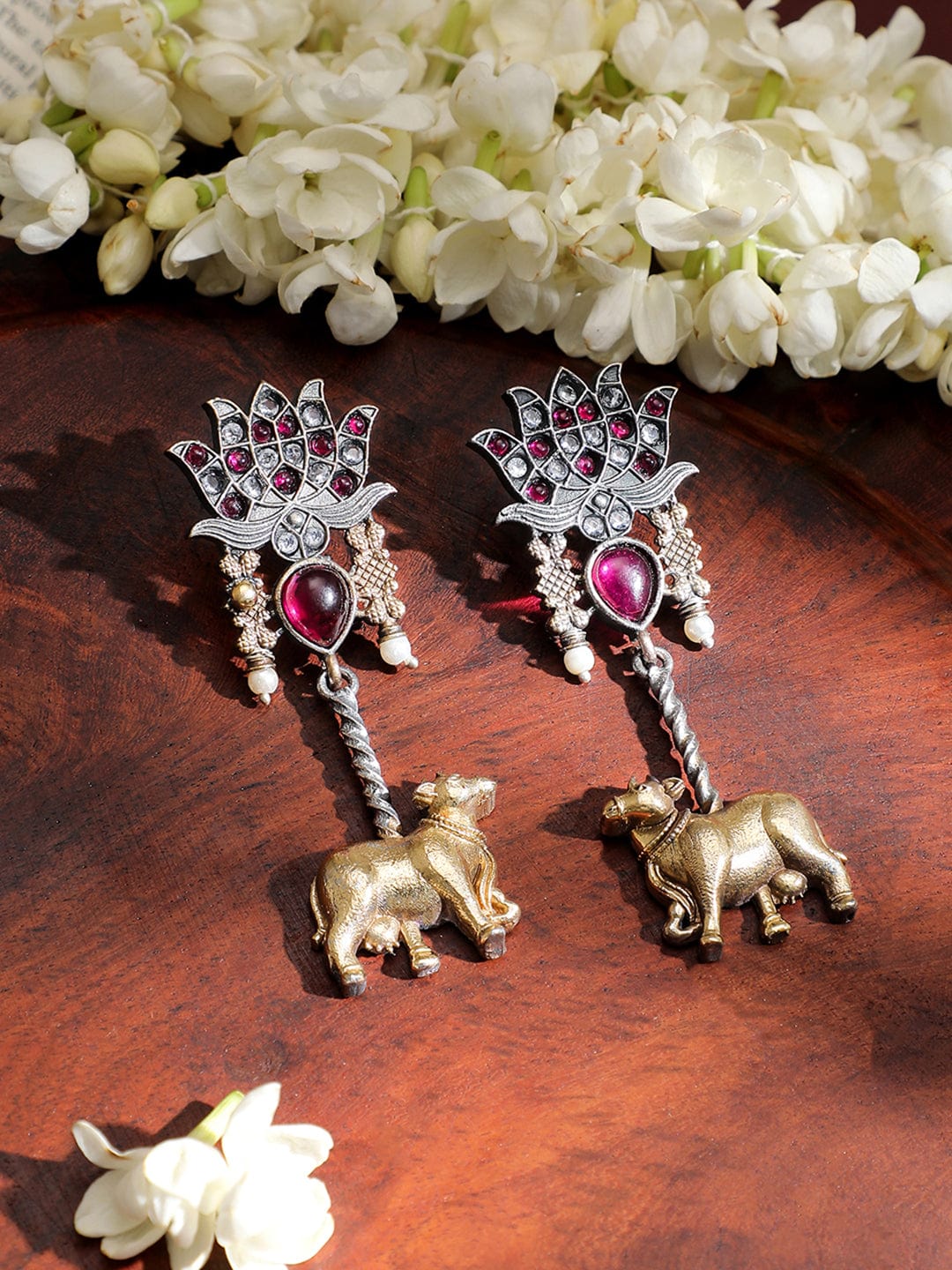 rubans-dual-tone-oxidized-lotus-motif-drop-earrings-with-pink-stone-and-gold-cow-charm-drop-earrings-1143498937.jpg