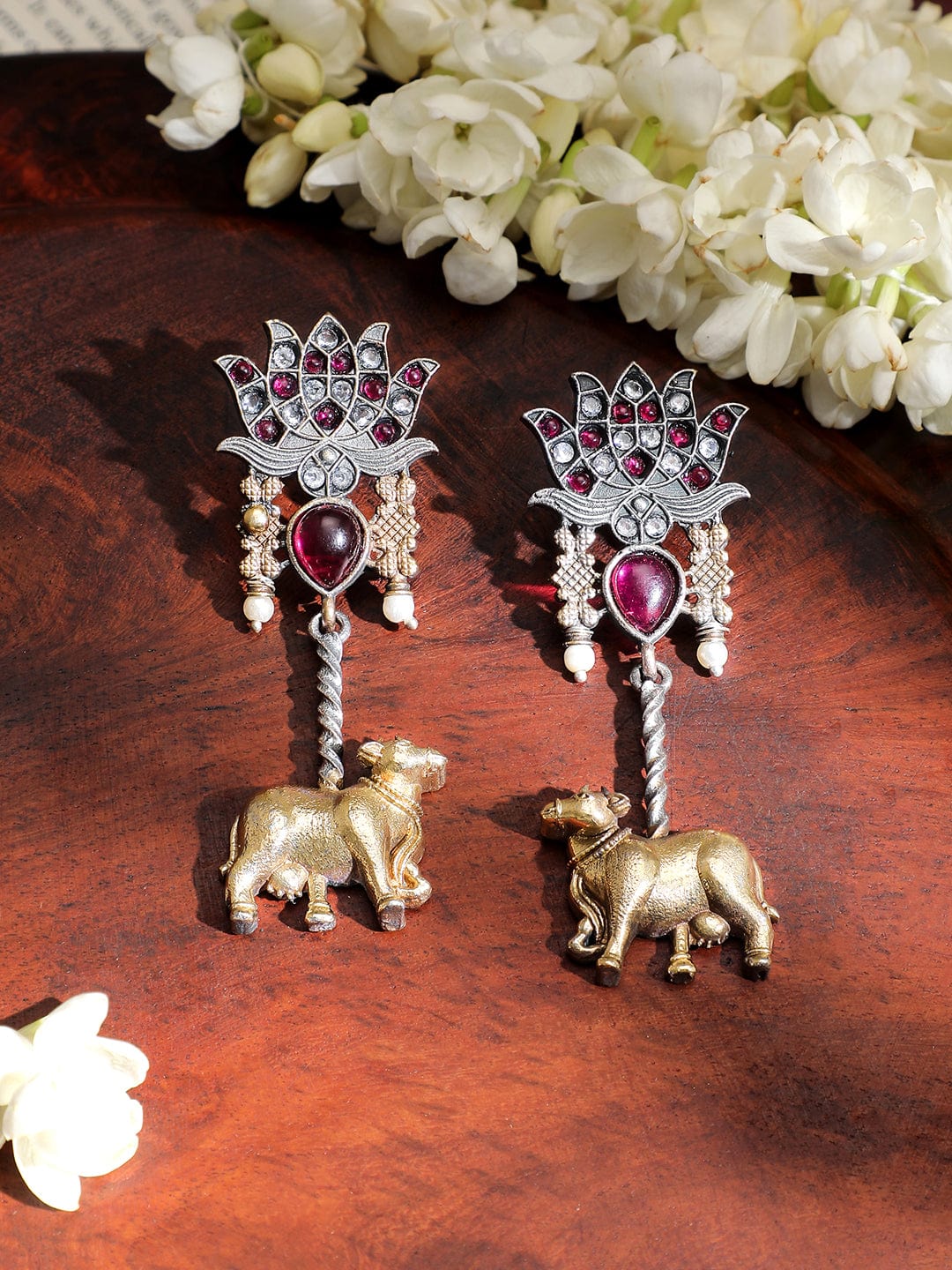 rubans-dual-tone-oxidized-lotus-motif-drop-earrings-with-pink-stone-and-gold-cow-charm-drop-earrings-1143498938.jpg
