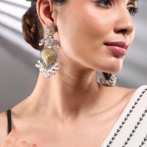 Dual-Tone Oxidized Silver & Gold Plated Chandelier Earrings with Pearl Beaded Drops