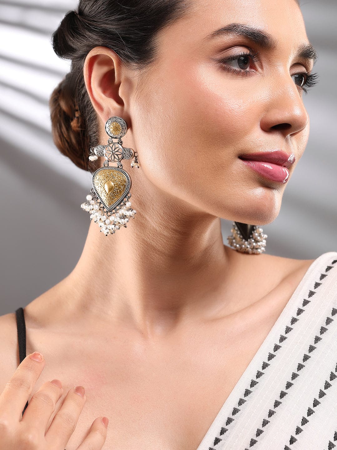 Dual-Tone Oxidized Silver & Gold Plated Chandelier Earrings with Pearl Beaded Drops