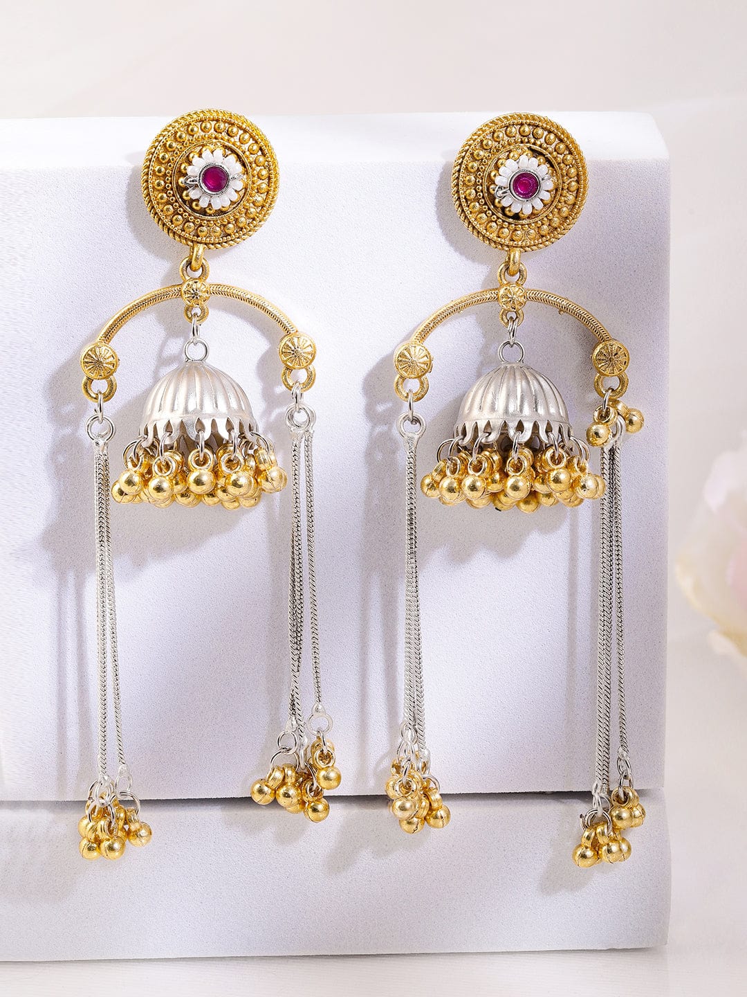 rubans-dual-tone-oxidized-silver-plated-gold-beaded-dome-jhumka-earrings-with-ruby-chain-dangles-jhumka-earrings-1168095006.jpg