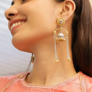 Dual-Tone Oxidized Silver-Plated Gold Beaded Dome Jhumka Earrings with Ruby & Chain Dangles