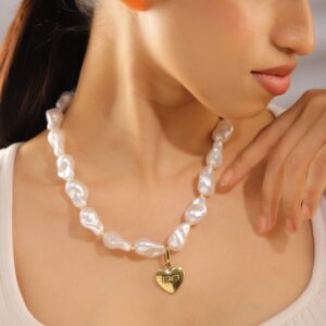 18K Gold-Plated White Pearl Necklace with Heart Pendant - Premium Designer Jewelry - Gold