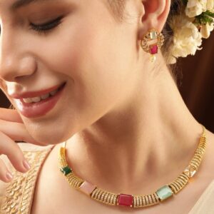 Elegant Golden AD Necklace Set - Multi Color