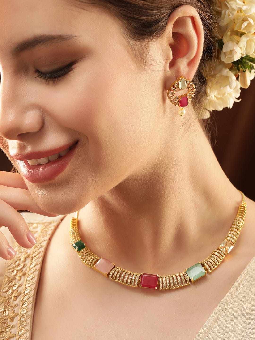 Elegant Golden AD Necklace Set - Multi Color