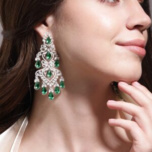 Emerald Elegance Green and Silver AD Earring - Green
