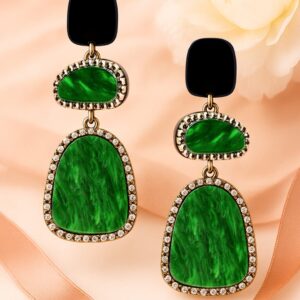 Emerald Green Crystal Marble Stone & Black Studded Long Statement Dangle Drop Earrings - Green & Black
