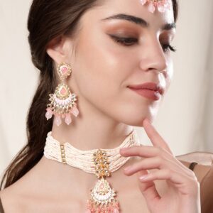 Enchanting Blush Pink Enamel Kundan Beaded Necklace Set - Gold::Pink