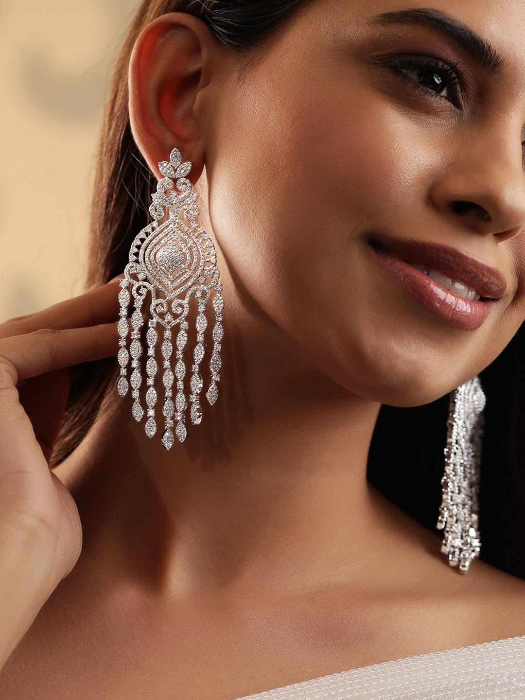 Ethereal Sparkle Rhodium Plated Zirconia Studded Chandelier Earrings - Silver