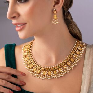 Finely Handcrafted Gold Plated Faux Ruby Studded Pearl Embellished Necklace Set - Gold