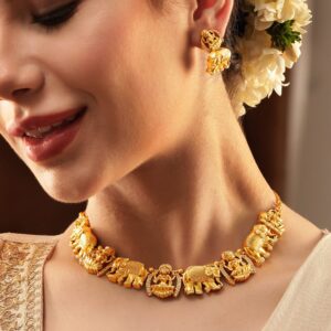 Gilded Elegance Gold-Plated AD-studded Lakshmi Designer Necklace & Earrings - Gold
