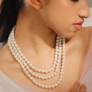 Glossy White Pearl Multi Layered Necklace Statement Jewelry - White