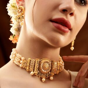 Gold Pendant, White Pearls, and Beaded Chain Choker Set - Gold