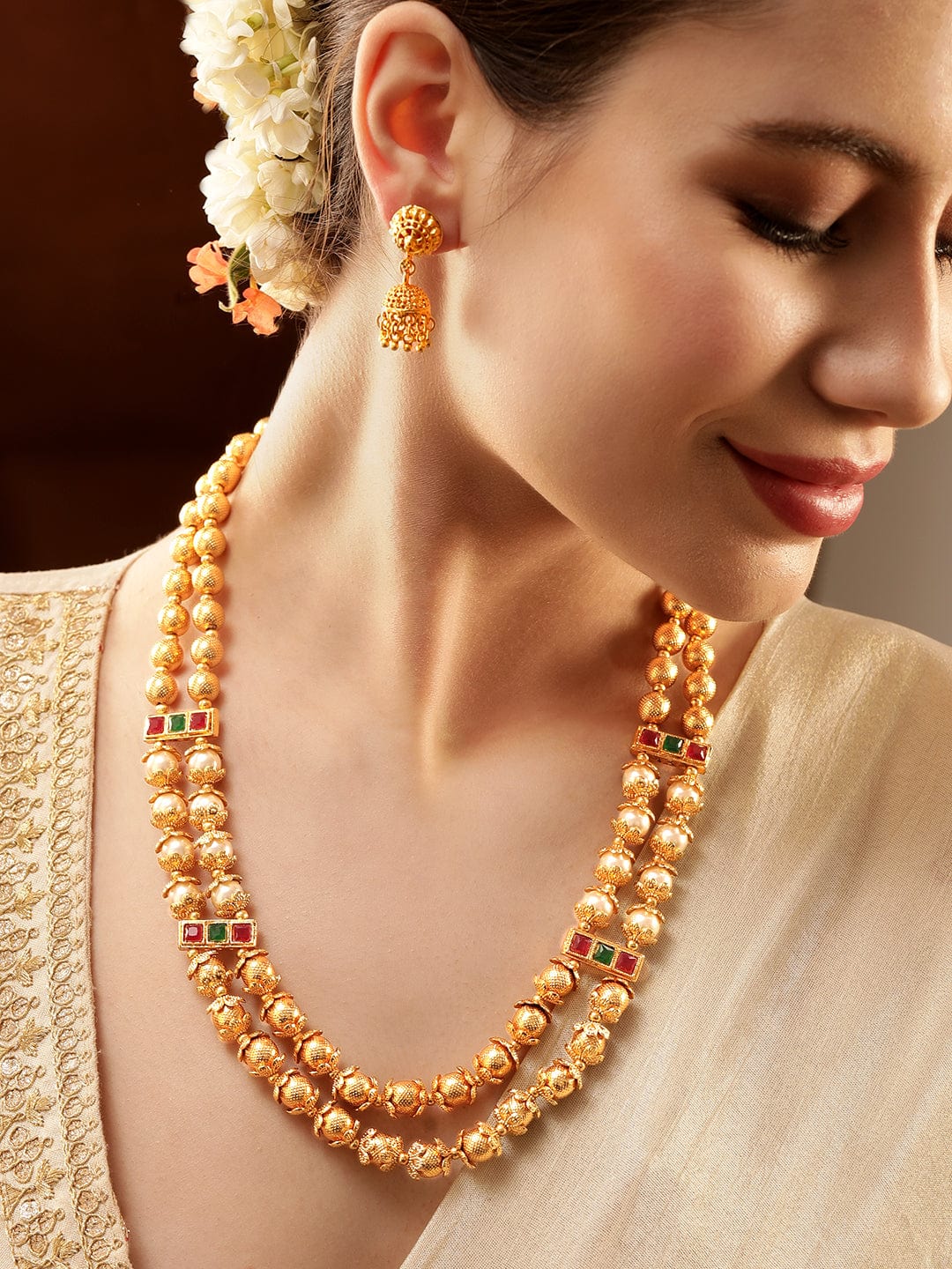 22K Gold-Plated Double Layer Temple Necklace Set with Ruby, Green Kundan & Pearl Beads - Gold