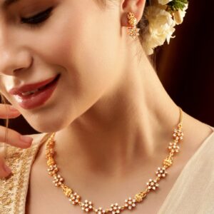 22K Gold-Plated White Cubic Zirconia Stone Studded Floral Jewellery Set - Gold