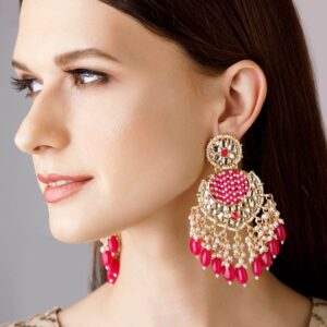 Gold Plated Chandbali Earrings With Pink And White Beads - Gold