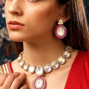 Gold Plated Contemporary Pink Polki Necklace Set - Multicolor