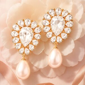 Gold Plated Crystal AAA Zirconia Embellished Tear Shaped Dangle Earring with Pearl Drops - Gold