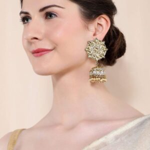 Gold Plated Enamel Kundan Jhumka Earrings - Gold