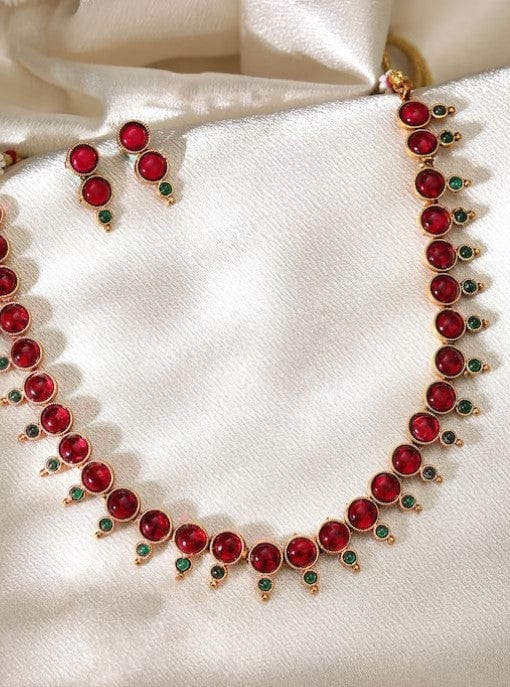 Gold plated faux ruby and emerald necklace set - Multicolor